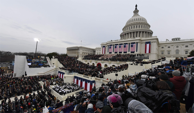 Guests fill the West Front of the US Capitol in Washington, DC, before the swearing-in ceremony of US President Donald Trump. 
