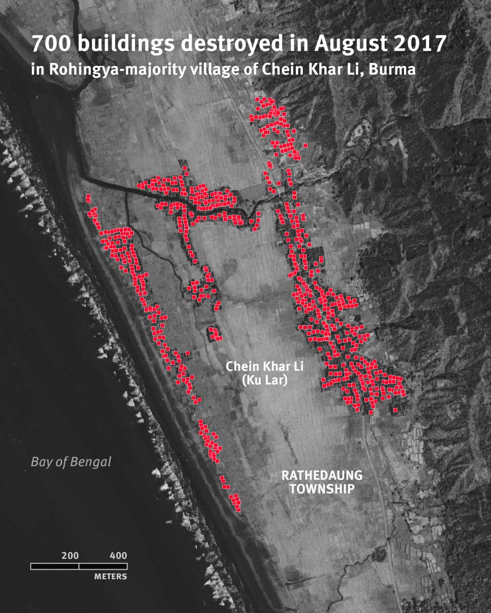 Map locating 700 buildings destroyed in August 2017 in the Rohingya-majority village of Chein Khar Li, Burma. (Human Rights Watch)