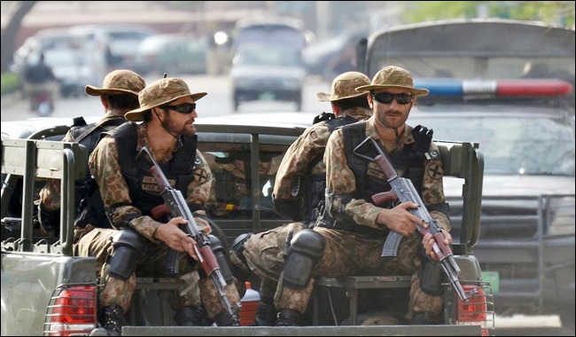 Army troops patrolling around the premise of Gaddafi Stadium 