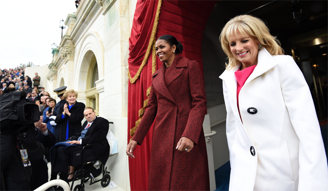 Michelle Obama (L) and Dr. Jill Biden arrive for the Presidential Inauguration of Donald Trump.
