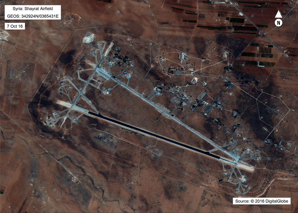 This image released by the US Department of Defense, shows the Shayrat airfield in Syria on October 7, 2016.