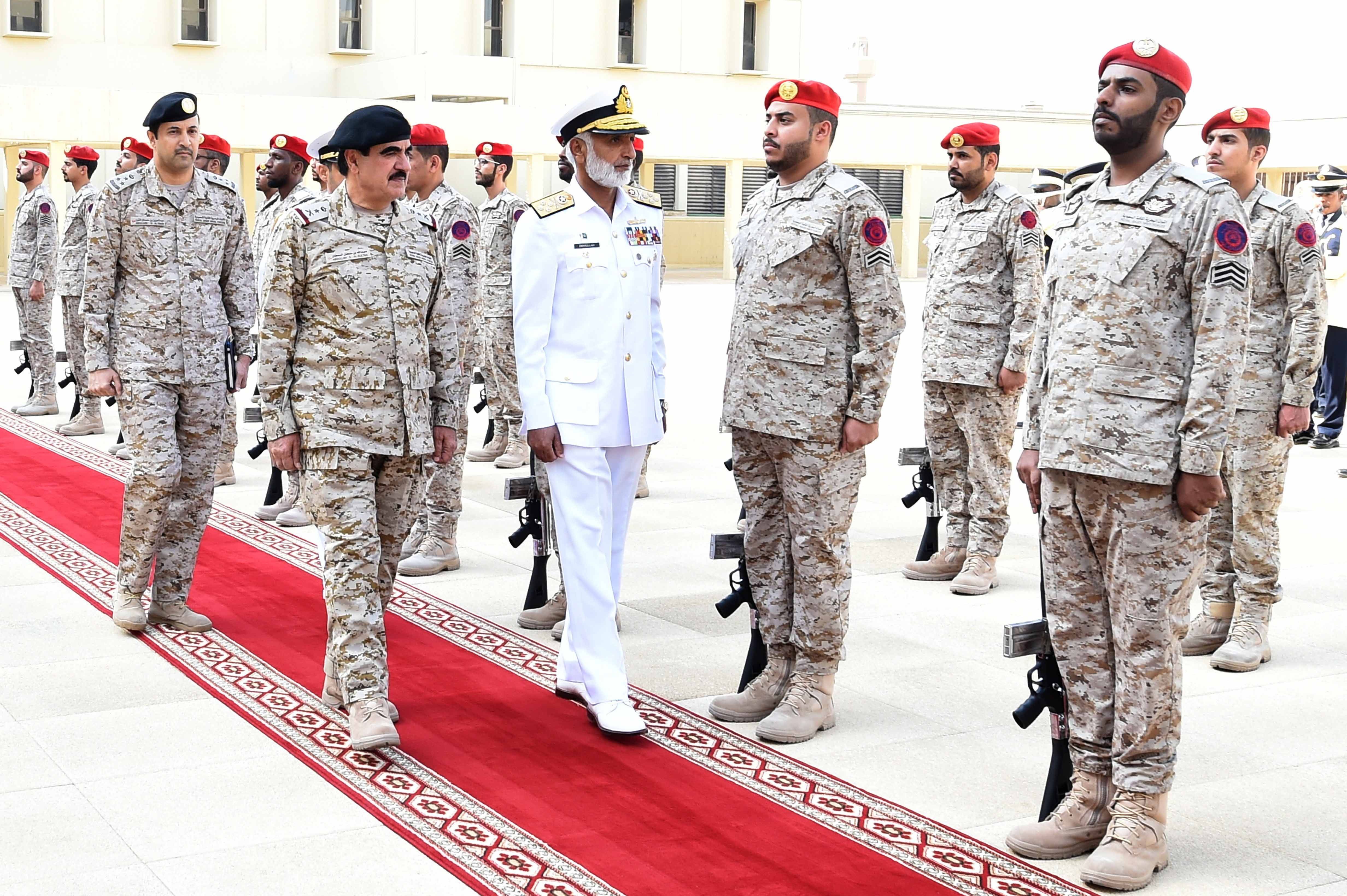 Chief of the Naval Staff Admiral M Zakaullah inspecting Guard of Honour during his offical visit to Royal Saudi Naval Forces Headquarters .