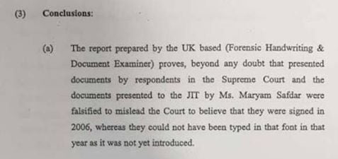 Screenshot of a page from JIT report that was submitted to the Supreme Court of Pakistan 