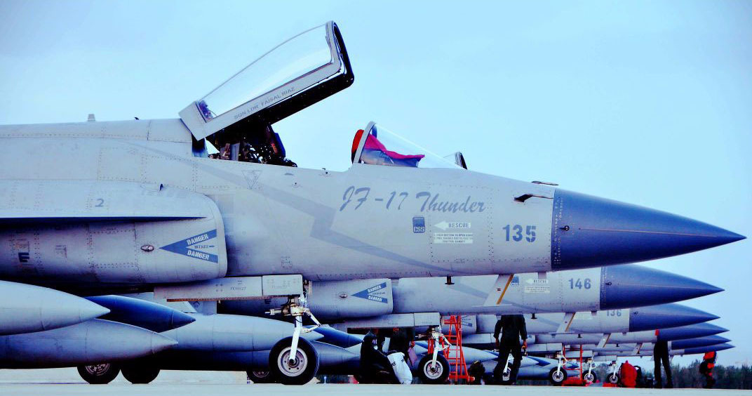 PAF JF-17 Thunder aircraft participating in Pak-China joint air exercise parked at the tarmac of Korla Air Base, China.