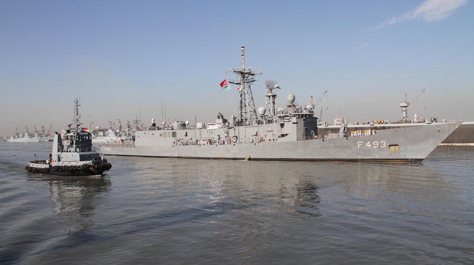 Turkish Navy Ship arriving Karachi Harbor to participate in naval exercise.