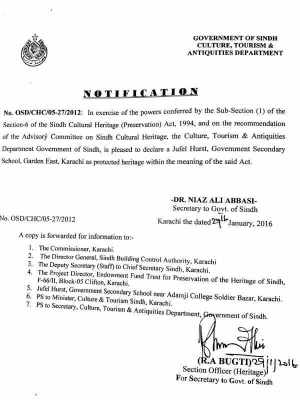 Sindh government notification declaring the building a heritage site.