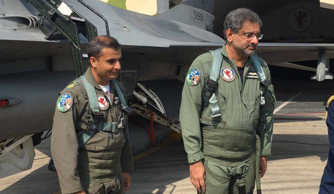 Prime minister with Air Chief Sohail Aman at an airbase in Sargodha
