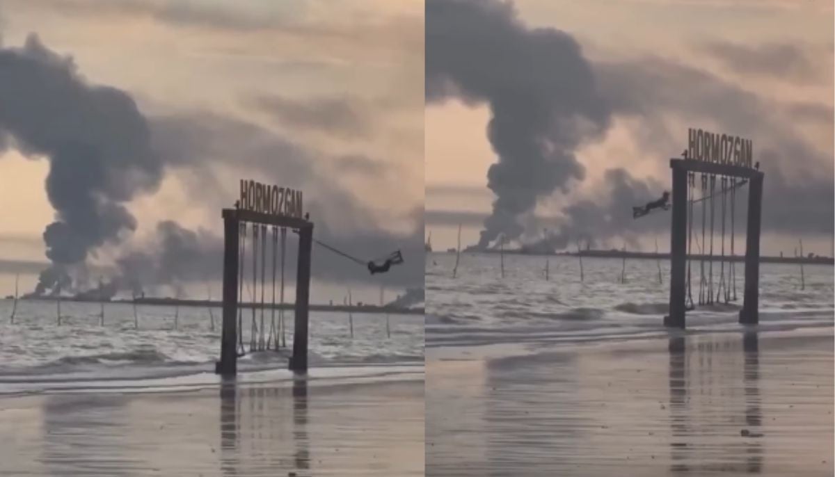 Viral clip: Iranian girl swings calmly amid smoke near Strait of Hormuz
