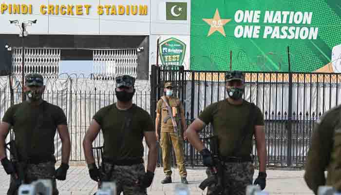 Paramilitary soldiers stand guard outside the Rawalpindi Cricket Stadium in Rawalpindi on September 17, 2021, after New Zealand postponed a series of one-day international (ODI) cricket matches against Pakistan over security concerns.-AFP