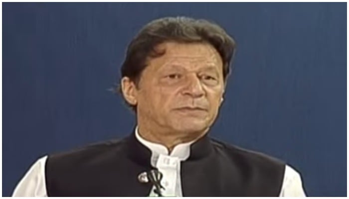 Prime Minister Imran Khan speaking during the Rehmatul-lil-Alameen Conference in Islamabad on October 10, 2021. Photo: Screengrab via Geo News Live.