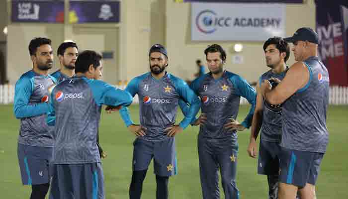 Pakistan team players during a practice session at the ICC Academy in Dubai.