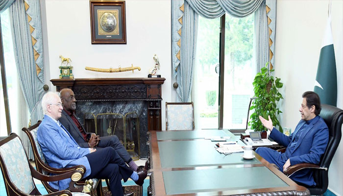 Cricket legends Sir Vivian Richards and David Gower meet Prime Minister Imran Khan at PM Office.