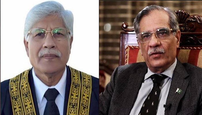 Former chief justice Gilgit-Baltistan Rana Shamim (L) and  ex-chief justice of Pakistan Mian Saqib Nisar (R). File photo