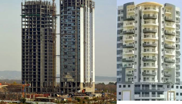 Combo shows Islamabads Grand Hyatt Hotel (L) and Karachis Nasla Tower.