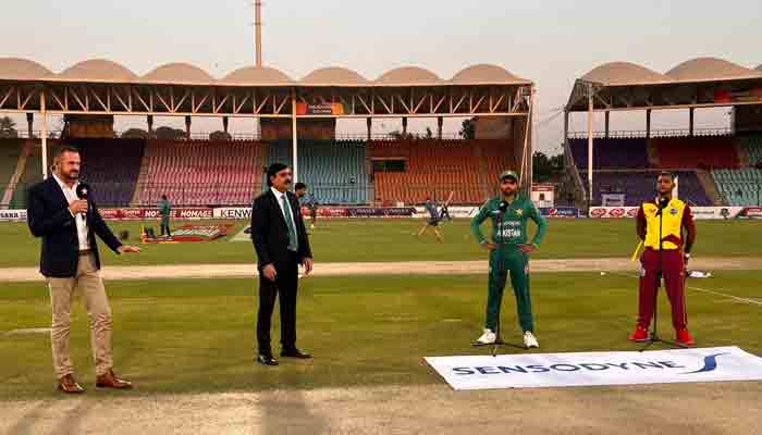 Pakistan and West Indian skippers during toss for first T20 match between the two teams at National Stadium Karachi.-PCB