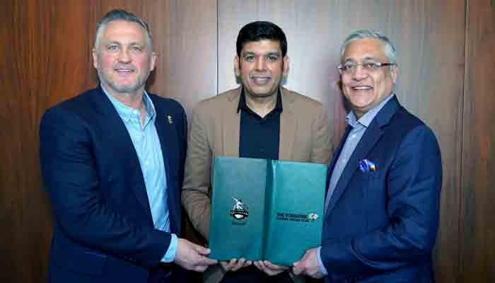 (L-R) Interim Managing Director of Yorkshire Cricket Darren Gough, Lahore Qalandars COO Sameen Rana and Chair of Yorkshire County Cricket Club Professor Lord Patel. Photo -Lahore Qalandars