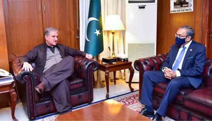 Saarc Secretary-General Esala Ruwan Weerakoon calls on Foreign Minister Makhdoom Shah Mahmood Qureshi at Ministry Of Foreign Affairs ON December 22nd, 2021.-APP