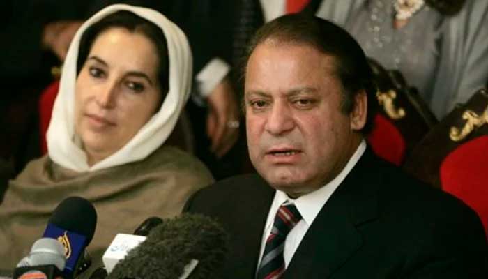 File photo of former prime ministers Benazir Bhutto (L) and Nawaz Sharif (R).