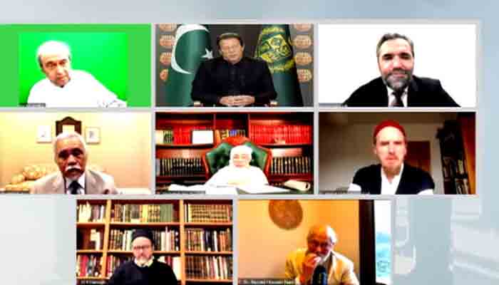 Prime Minister Imran Khan speaking in the second part of an online dialogue with global Muslim scholars, organised by National Rehmatul-lil-Alameen Authority.