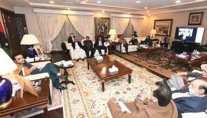 PPP Chairman Bilawal Bhutto chairing the meeting of party’s central executive committee (CEC) in Lahore. -PPP Twitter