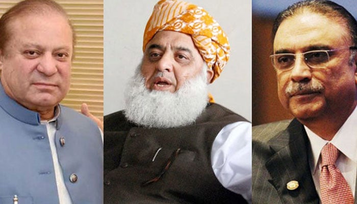 (L-R) Former prime minister Nawaz Sharif, JUI-F chief Maulana Fazlur Rehman and former president Asif Ali Zardari. -File