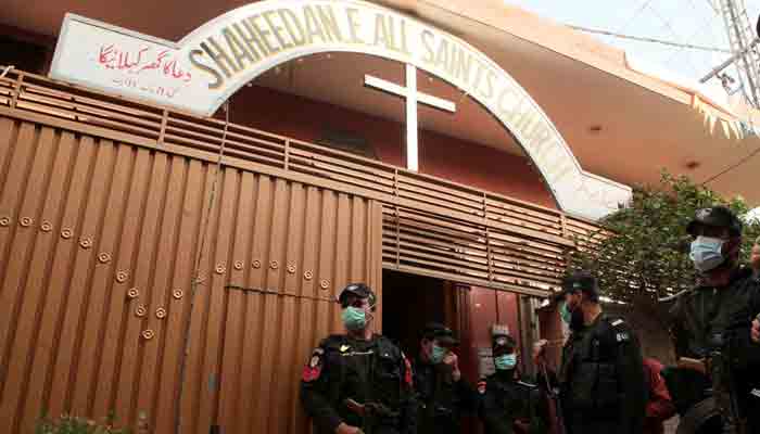 Security officials are standing high alert at a church after a member of the Christian community was shot dead and another injured in an attack by unidentified gunmen, at Ring road in Peshawar on Sunday, January 30, 2022. -PPI