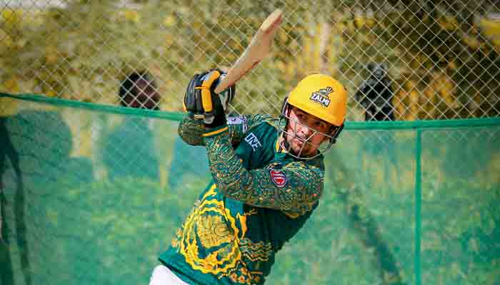 Afghanistans Hazratullah Zazai plays a shot during a practice session in Katachi. -Photo courtesy Peshawar Zalmi