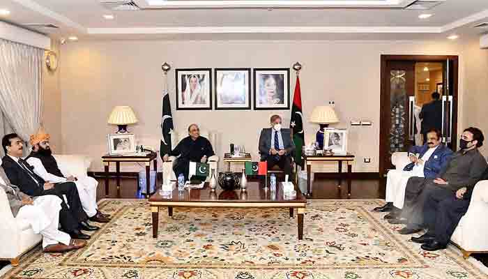 Opposition leader Shahbaz Sharif meeting with Co-Chairman PPP Asif Ali Zardari at Bilawal House Lahore. -APP