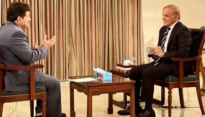 PML-N President Shahbaz Sharif speaks to journalist Hamid Mir during an interview in Geo News programme Capital Talk aired on March 16, 2022. — Screengrab via Geo News