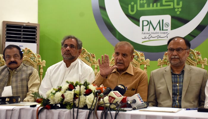 PML-N President Shahbaz Sharif addresses press conference along with others at PML-N Secretariat in Federal Capital on March 22. -ONLINE