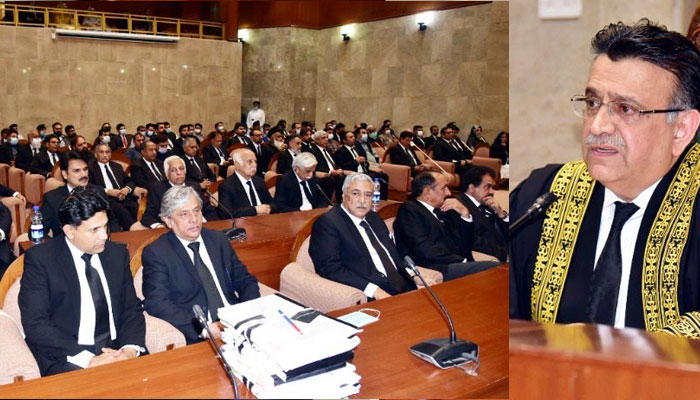 Chief Justice of Pakistan Justice Umar Ata Bandial presiding over the full-court reference on the eve of the retirement of Justice Qazi Muhammed Amin Ahmed at Supreme Court of Pakistan Islamabad on March 25. -- PID