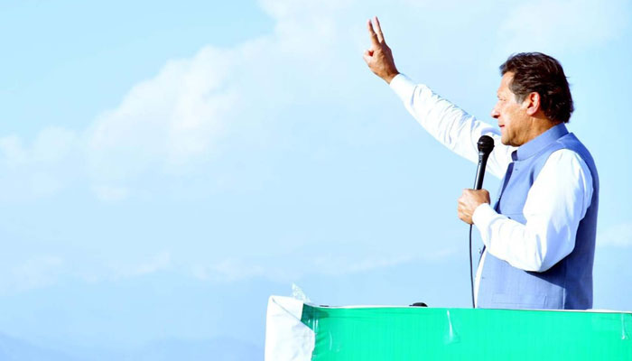 PM Imran Khan addressing a rally in Mansehra on March 25. - PID