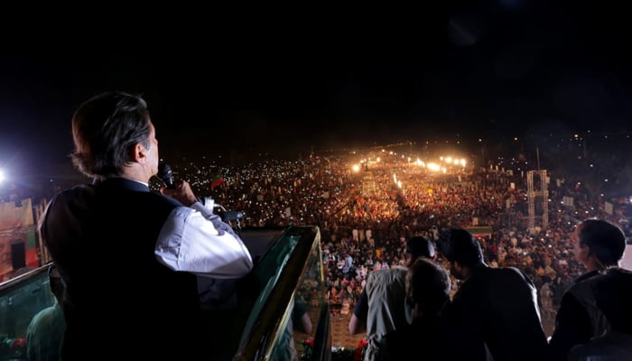 Prime Minister Imran Khan addresses PTI rally in Islamabad. -Courtesy PTI
