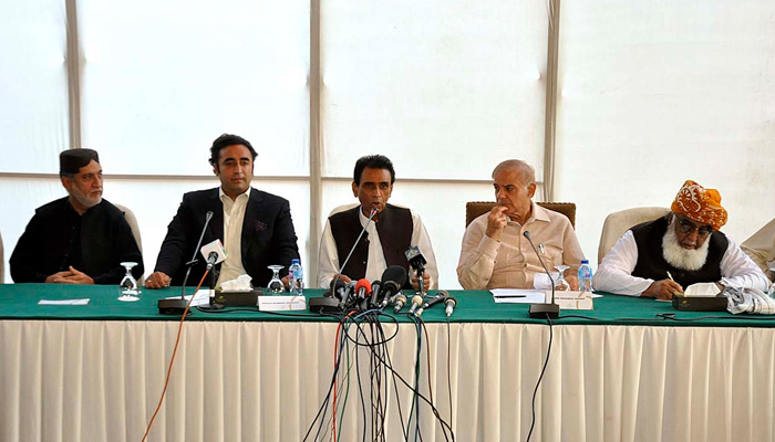 Leaders of Opposition PML-N President Shahbaz Sharif, Chairman PPP Bilawal Bhutto Zardari, PDM Chief Maulana Fazalur Rehman, MQM-P convener Khalid Maqbool Siddiqui and BNP-M Chief Akhtar Mengal addressing a press conference. -APP
