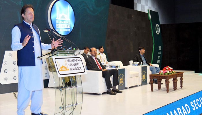 Pr4ime Minister Imran Khan addressing the Islamabad Security Dialogue, Islamabad on April 1, 2022. - PID