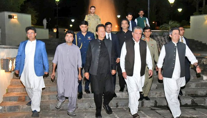 Prime Minister Imran Khan arriving to attend meeting with the Parliamentary Party at Prime Minister House Islamabad on April 2, 2022. - Twitter/Faisal Javed Khan