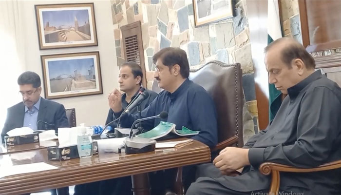 Sindh CM Murad Ali Shah addressing a press conference at the CM house Karachi on April 2, 2022. - Twitter
