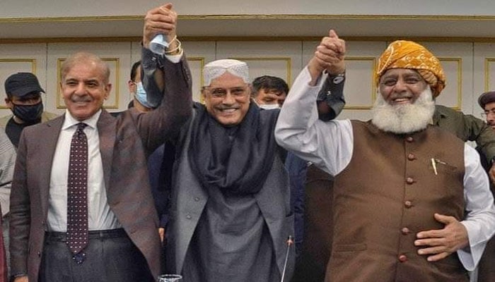 PML-N leader Shehbaz Sharif (left), PPP leader Asif Ali Zardari (middle), JUI-F chief Fazlur Rehman. Photo: Twitter