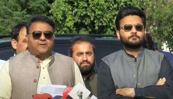 Fawad Chaudhry talking to the media on April 8, 2022. Photo: Twitter