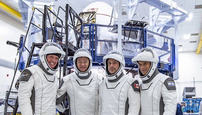 The crew consisting of pilot Larry Connor of the United States, commander Michael López-Alegría of Spain and the United States, and mission specialists Mark Pathy and Eytan Stibbe from Canada and Israel. Photo: Axiom Space