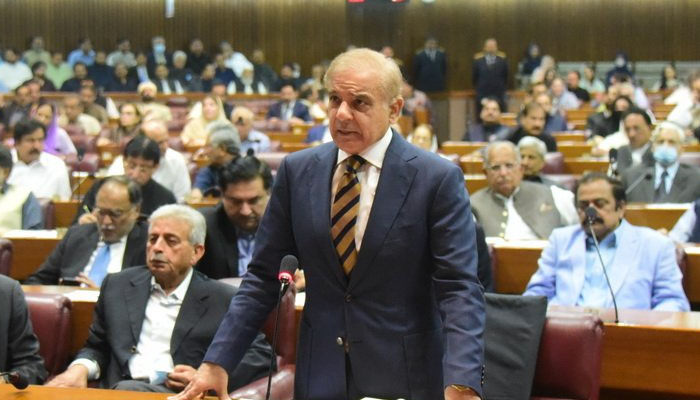 PML-N President Shehbaz Sharif speaks during National Assembly session on April 9. -APP