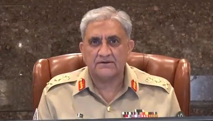 Army Chief General Qamar Javed Bajwa presiding over the 79th Formation Commanders’ Conference on April 12, 2022. Photo: screengrab of ISPR video