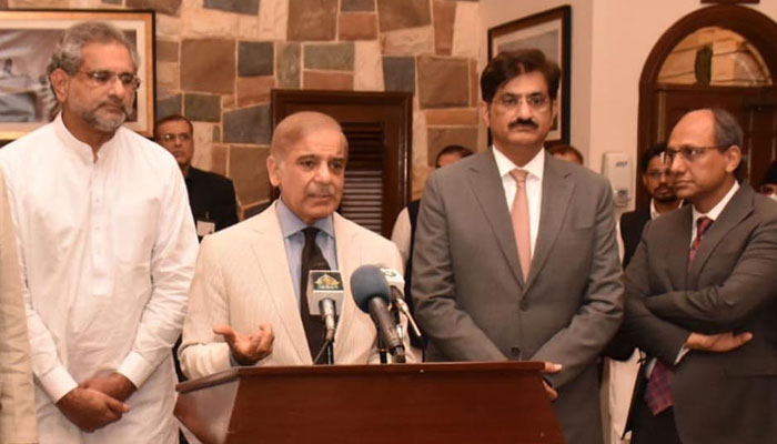 Prime Minister Shehbaz Sharif talking to the media in Karachi on April 13, 2022. Photo: PID