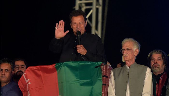 Ousted Pakistans prime minister Imran Khan delivers a speech to Pakistan Tehreek-e-Insaf (PTI) partys supporters during a public rally in Peshawar on April 13, 2022. -AFP