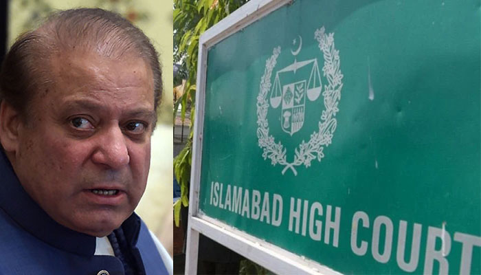 Nawaz Sharif and name board at the Islamabad High Court. Photo: The News/File