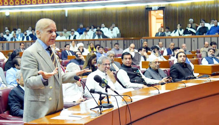 PM Shehbaz addressing the National Assembly session at the Parliament House, Islamabad on April 16, 2022. Photo: PID
