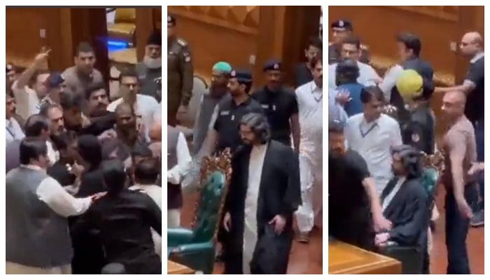 This combo shows PTI MPAs attacking Deputy Speaker Dost Muhammad Mazari.