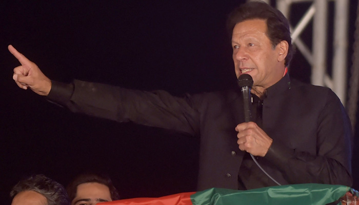 Ousted Pakistans prime minister Imran Khan delivers a speech to PTI party´s supporters during a public rally in Peshawar on April 13, 2022. -AFP