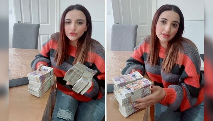 A screengrab from a viral video in which TikToker Hareem Shah claimed that she had travelled with a significant amount of foreign currency from Pakistan to the UK. &mdash; Screengrab Hareem Shah video