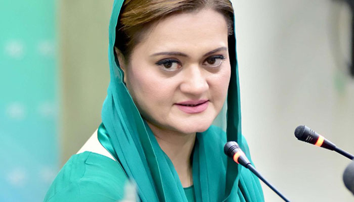 Marriyum Aurangzeb addressing a press conference in Islamabad on April 19, 2022. Photo: PID